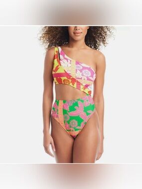 Bar III One-Shoulder Floral Cutout Swimsuit in Green and Pink